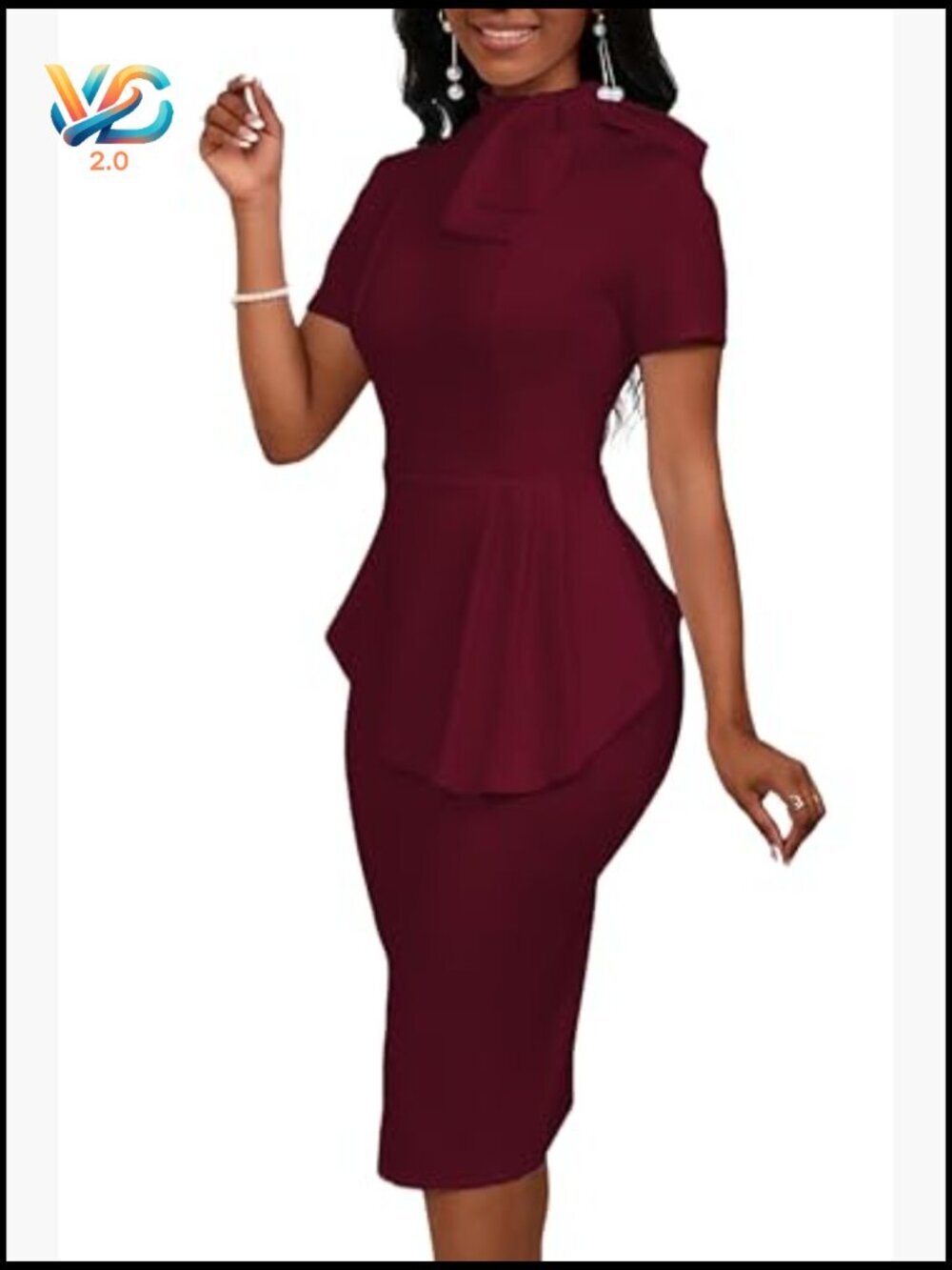 Fashion Peplum Bodycon Short Sleeve Work Dress Bow Ruffle Pencil Formal Cocktail - Picture 5 of 7